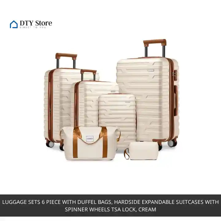 Luggage Sets 6 Piece with Duffel Bags, Hardside Expandable Suitcases with Spinner Wheels TSA Lock, Cream by@Outfy