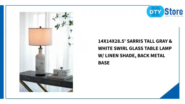 14x14x28.5&#039; Sarris Tall Gray &amp; White Swirl Glass Table Lamp w/ Linen Shade, Back Metal Base by@Outfy