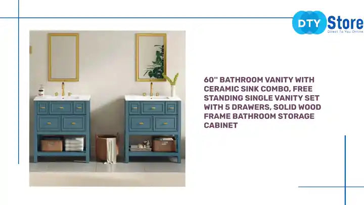 60&#039;&#039; Bathroom Vanity with Ceramic Sink Combo, Free Standing Single Vanity Set with 5 Drawers, Solid Wood Frame Bathroom Storage Cabinet by@Outfy