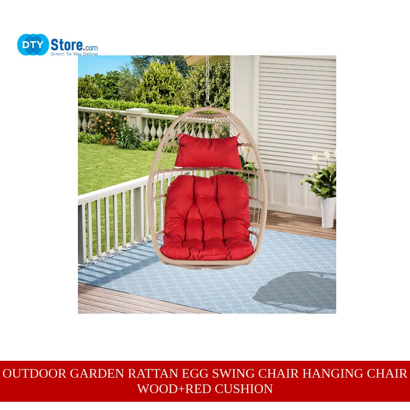 Outdoor Garden Rattan Egg Swing Chair Hanging Chair Wood+Red cushion by@Outfy