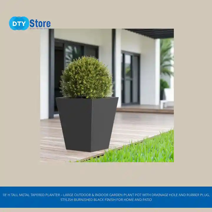 18&#039; H Tall Metal Tapered Planter &ndash; Large Outdoor &amp; Indoor Garden Plant Pot with Drainage Hole and Rubber Plug, Stylish Burnished Black Finish for Home and Patio by@Outfy