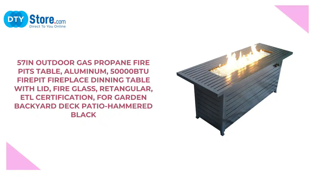57in Outdoor Gas Propane Fire Pits Table, Aluminum, 50000BTU Firepit Fireplace Dinning Table with Lid, Fire Glass, Retangular, ETL Certification, for Garden Backyard Deck Patio-hammered black by@Outfy