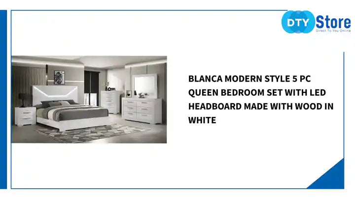 Blanca Modern Style 5 Pc Queen Bedroom Set with LED Headboard Made with Wood in White by@Outfy