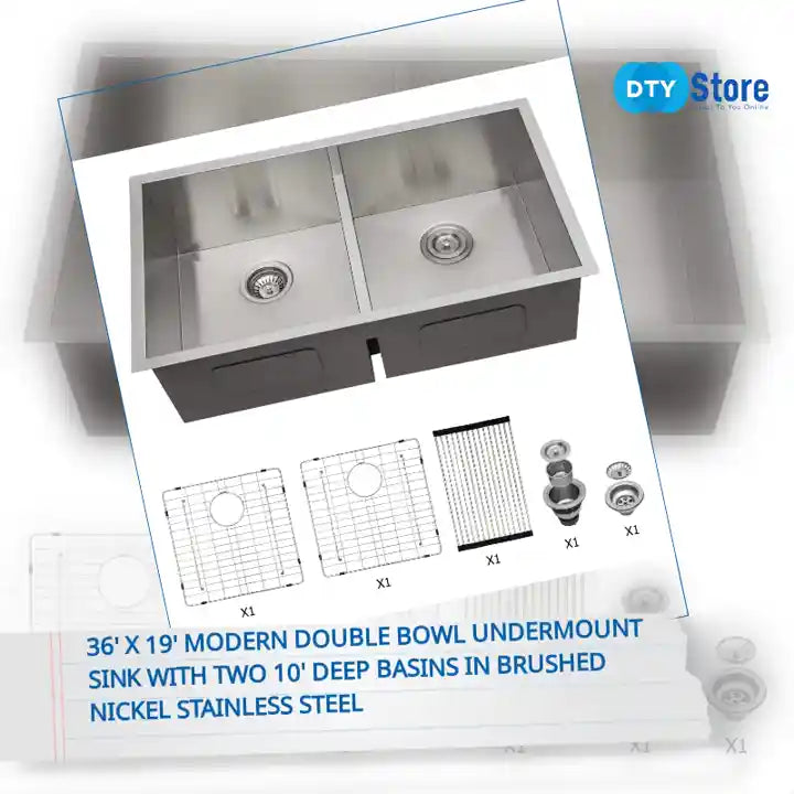 36' x 19' Modern Double Bowl Undermount Sink with Two 10' Deep Basins in Brushed Nickel Stainless Steel by@Outfy