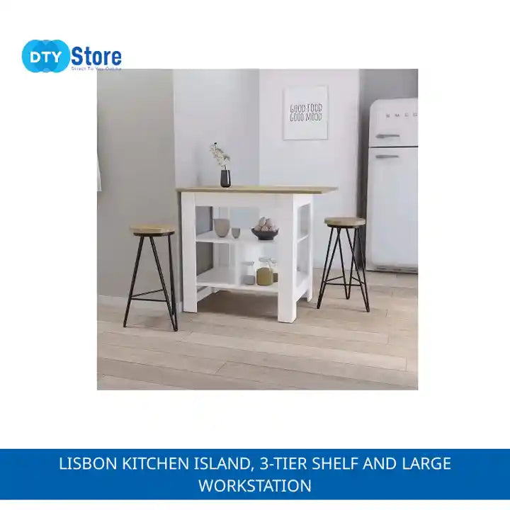 Lisbon Kitchen Island, 3-Tier Shelf and Large Workstation by@Outfy