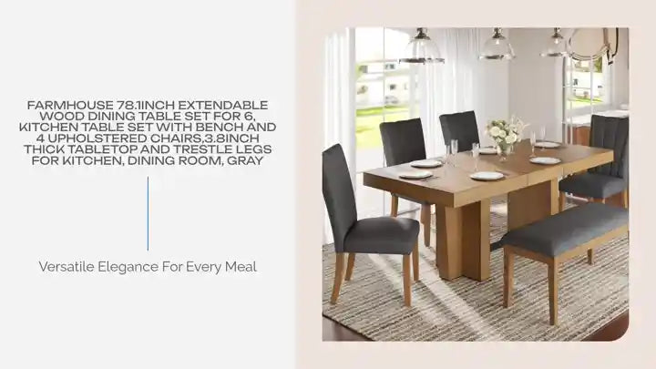 Farmhouse 78.1inch Extendable Wood Dining Table Set for 6, Kitchen Table Set with Bench and 4 Upholstered Chairs,3.8inch Thick Tabletop and Trestle Legs for Kitchen, Dining Room, Gray by@Outfy
