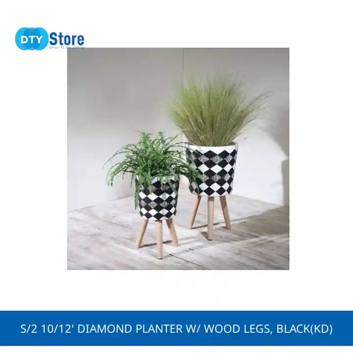 S/2 10/12' DIAMOND PLANTER W/ WOOD LEGS, BLACK(KD) by@Outfy