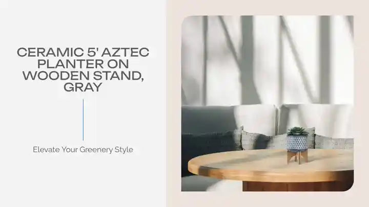 CERAMIC 5' AZTEC PLANTER ON WOODEN STAND, GRAY by@Outfy