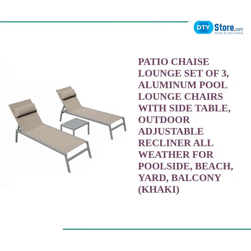 Patio Chaise Lounge Set of 3, Aluminum Pool Lounge Chairs with Side Table, Outdoor Adjustable Recliner All Weather for Poolside, Beach, Yard, Balcony (Khaki) by@Outfy