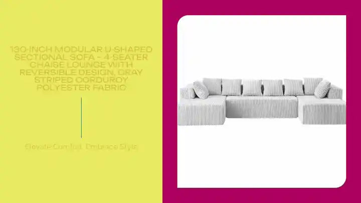 130-Inch Modular U-Shaped Sectional Sofa &ndash; 4-Seater Chaise Lounge with Reversible Design, Gray Striped Corduroy Polyester Fabric by@Outfy