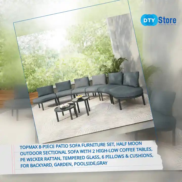 TOPMAX 8-Piece Patio Sofa Furniture Set, Half Moon Outdoor Sectional Sofa with 2 High-Low Coffee Tables, PE Wicker Rattan, Tempered Glass, 6 Pillows &amp; Cushions, for Backyard, Garden, Poolside,Gray by@Outfy