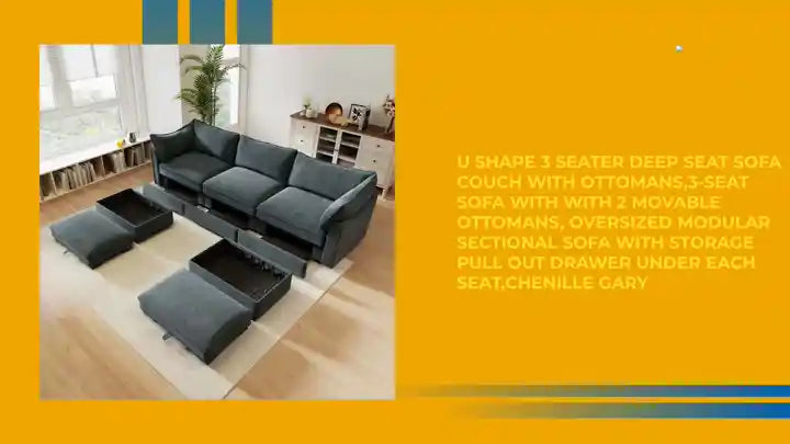 U Shape 3 Seater Deep Seat Sofa Couch with Ottomans,3-Seat Sofa with with 2 Movable Ottomans, Oversized Modular Sectional Sofa with Storage Pull out Drawer Under Each Seat,Chenille Gary by@Outfy