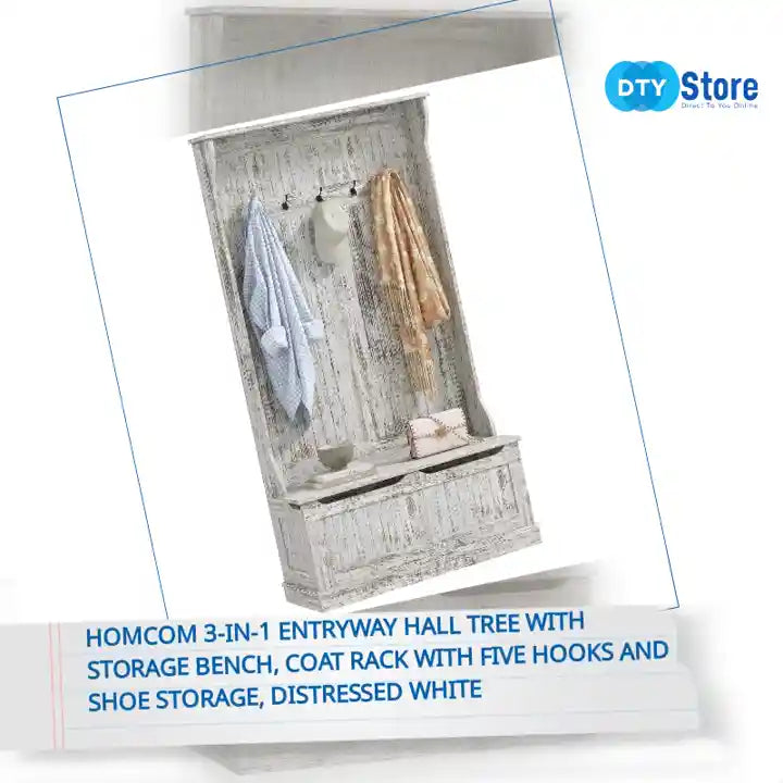 HOMCOM 3-In-1 Entryway Hall Tree with Storage Bench, Coat Rack with Five Hooks and Shoe Storage, Distressed White by@Outfy