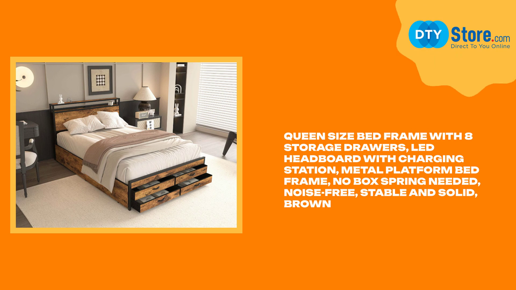 Queen Size Bed Frame with 8 Storage Drawers, LED Headboard with Charging Station, Metal Platform Bed Frame, No Box Spring Needed, Noise-Free, Stable and Solid, Brown by@Outfy