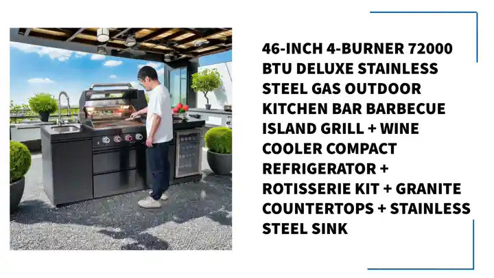 46-Inch 4-Burner 72000 BTU Deluxe Stainless Steel Gas Outdoor Kitchen Bar Barbecue Island Grill + Wine Cooler Compact Refrigerator + Rotisserie kit + Granite Countertops + Stainless steel Sink by@Outfy