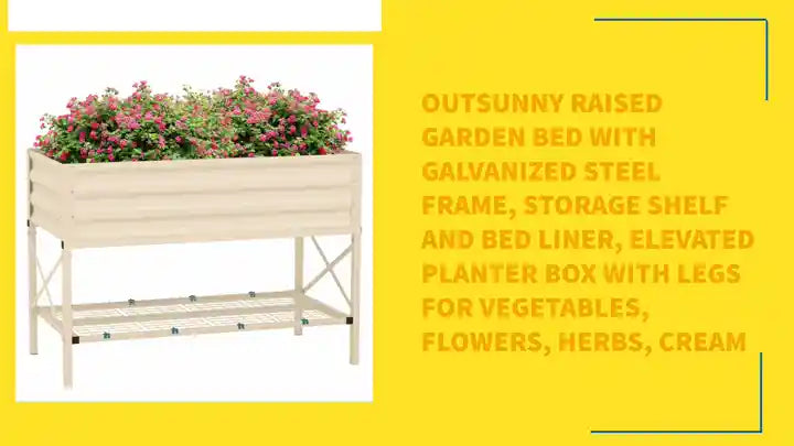 Outsunny Raised Garden Bed with Galvanized Steel Frame, Storage Shelf and Bed Liner, Elevated Planter Box with Legs for Vegetables, Flowers, Herbs, Cream by@Outfy
