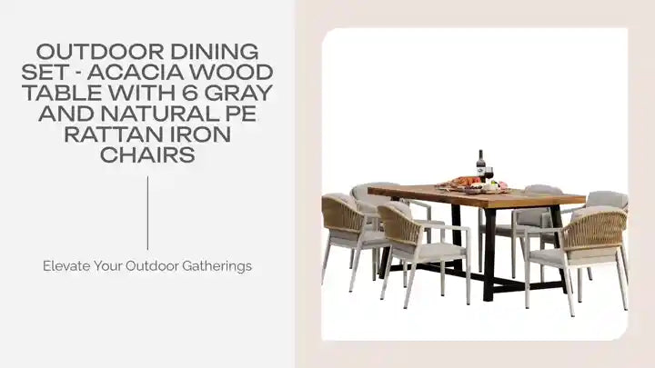 Outdoor Dining Set - Acacia Wood Table with 6 Gray and Natural PE Rattan Iron Chairs by@Outfy