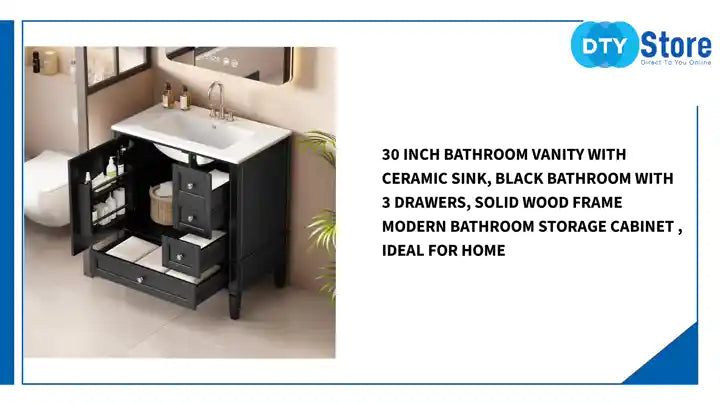 30 Inch Bathroom Vanity with Ceramic Sink, Black Bathroom with 3 Drawers, Solid Wood Frame Modern Bathroom Storage Cabinet , Ideal for Home by@Outfy