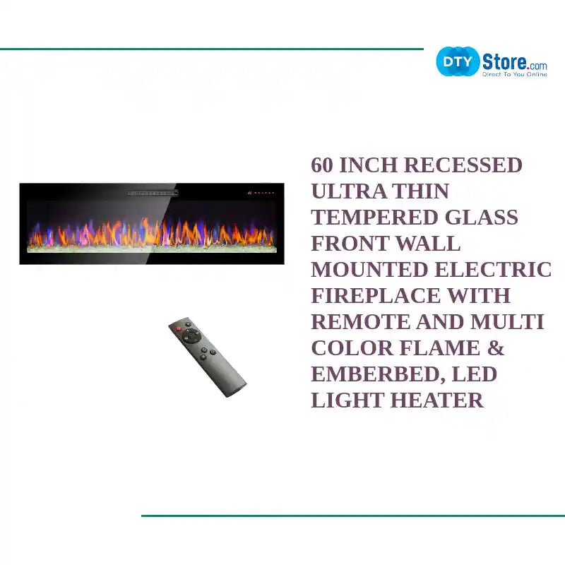 60 inch recessed ultra thin tempered glass front wall mounted electric fireplace with remote and multi color flame &amp; emberbed, LED light heater by@Outfy