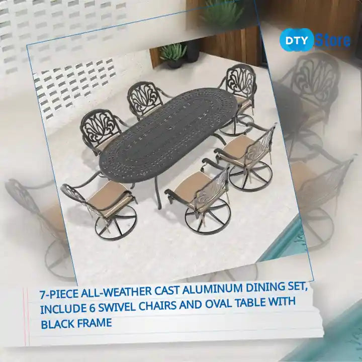 7-Piece All-Weather Cast Aluminum Dining Set, Include 6 Swivel Chairs and Oval Table With Black Frame by@Outfy