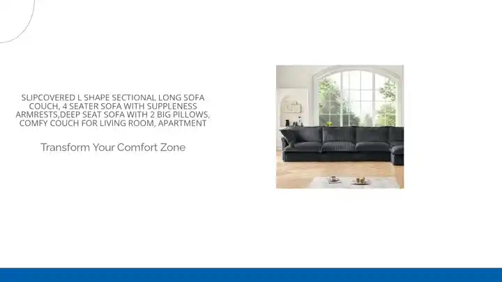 Slipcovered L Shape Sectional Long Sofa Couch, 4 Seater Sofa with Suppleness Armrests,Deep Seat Sofa with 2 Big Pillows, Comfy Couch for Living Room, Apartment by@Outfy