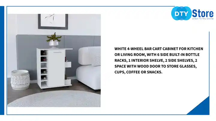 White 4-wheel bar cart cabinet for kitchen or living room, with 6 side built-in bottle racks, 1 interior shelve, 2 side shelves, 2 space with wood door to store glasses, cups, coffee or snacks. by@Outfy