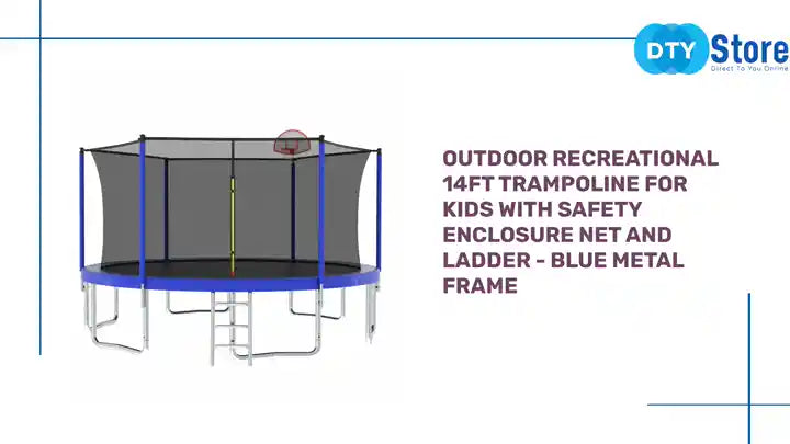 Outdoor Recreational 14FT Trampoline for Kids with Safety Enclosure Net and Ladder - Blue Metal Frame by@Outfy