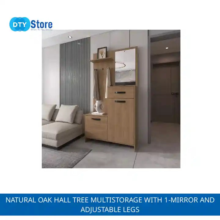Natural Oak Hall Tree Multistorage with 1-Mirror and Adjustable Legs by@Outfy