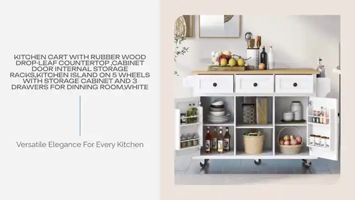 Kitchen Cart with Rubber wood Drop-Leaf Countertop ,Cabinet door internal storage racks,Kitchen Island on 5 Wheels with Storage Cabinet and 3 Drawers for Dinning Room,White by@Outfy