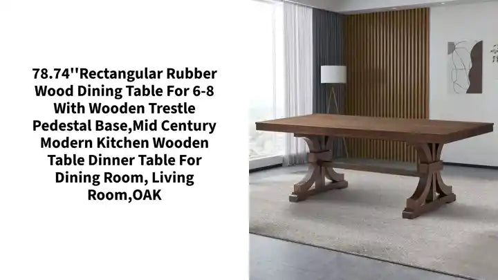 78.74&#039;&#039;Rectangular Rubber Wood Dining Table for 6-8 with Wooden Trestle Pedestal Base,Mid Century Modern Kitchen Wooden Table Dinner Table for Dining Room, Living Room,OAK by@Outfy