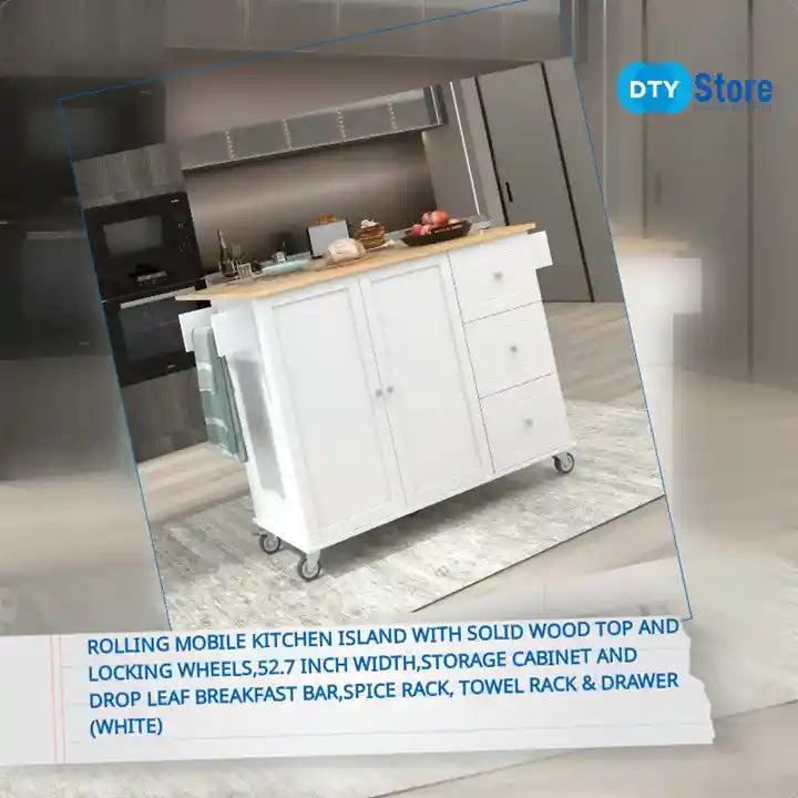 Rolling Mobile Kitchen Island with Solid Wood Top and Locking Wheels,52.7 Inch Width,Storage Cabinet and Drop Leaf Breakfast Bar,Spice Rack, Towel Rack &amp; Drawer (White) by@Outfy