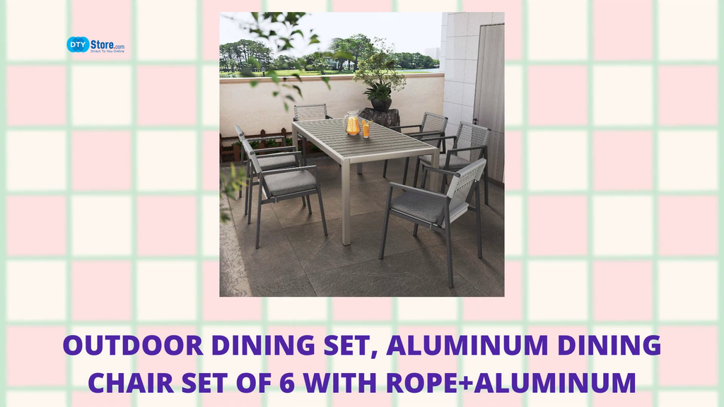 Outdoor Dining Set, Aluminum Dining Chair Set of 6 with Rope+Aluminum Dining Table with Faux Wood Top, Gray+Black by@Outfy