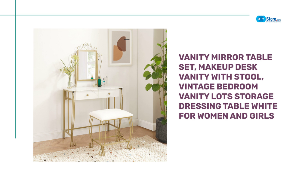 Vanity Mirror Table Set, Makeup Desk Vanity with Stool, Vintage Bedroom Vanity Lots Storage Dressing Table White for Women and Girls by@Outfy