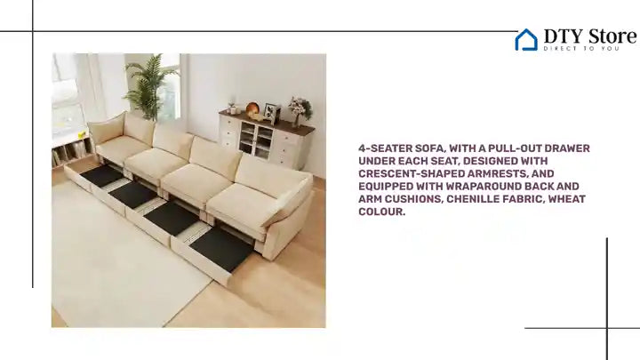 4-seater sofa, with a pull-out drawer under each seat, designed with crescent-shaped armrests, and equipped with wraparound back and arm cushions, chenille fabric, wheat colour. by@Outfy