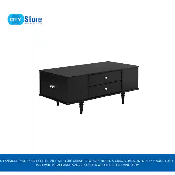 U-Can Modern Rectangle Coffee Table with Four Drawers, Two Side Hidden Storage Compartments, 47.2' Wood Coffee Table with Metal Handles and Four Solid Wood Legs for Living Room by@Outfy
