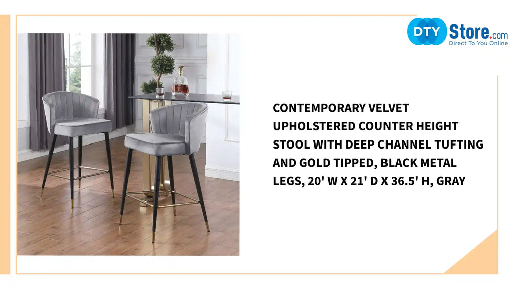 Contemporary Velvet Upholstered Counter Height Stool with Deep Channel Tufting and Gold Tipped, Black Metal Legs, 20&#039; W x 21&#039; D x 36.5&#039; H, Gray by@Outfy