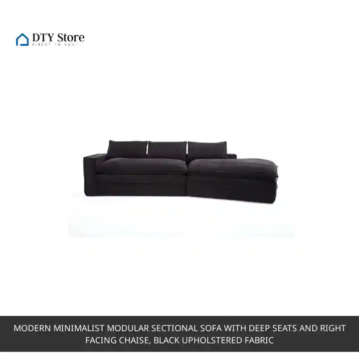 Modern Minimalist Modular Sectional Sofa with Deep Seats and Right Facing Chaise, Black Upholstered Fabric by@Outfy
