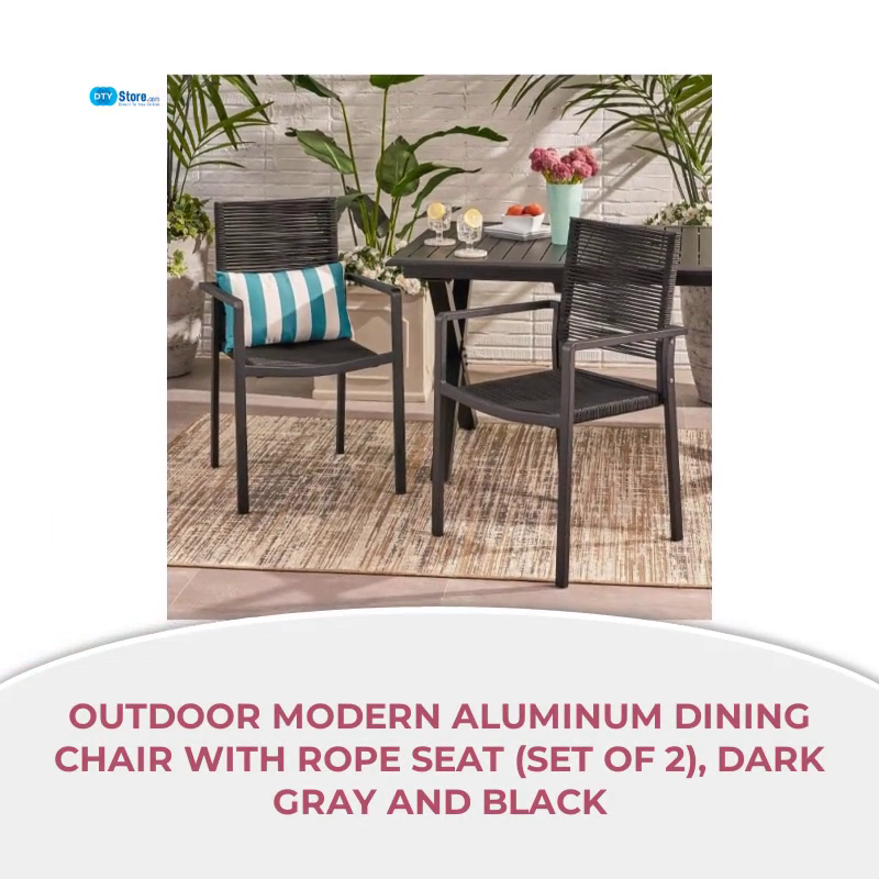 Outdoor Modern Aluminum Dining Chair with Rope Seat (Set of 2), Dark Gray and Black by@Outfy
