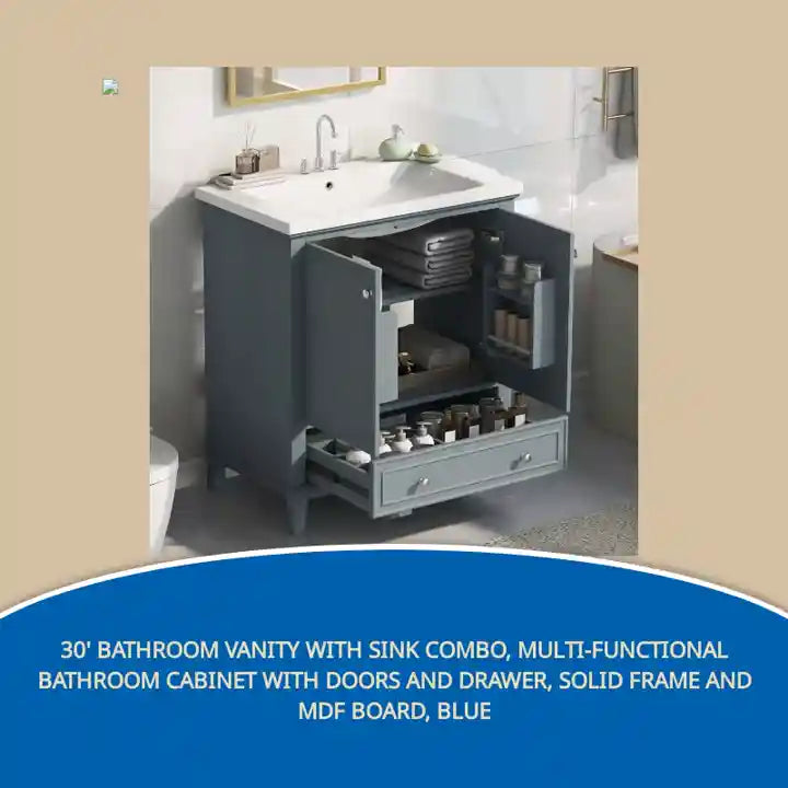 30&#039; Bathroom Vanity with Sink Combo, Multi-functional Bathroom Cabinet with Doors and Drawer, Solid Frame and MDF Board, Blue by@Outfy