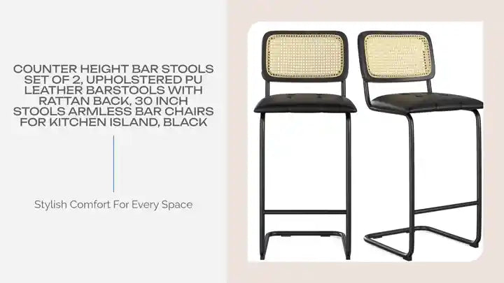 Counter Height Bar Stools Set of 2, Upholstered PU Leather Barstools with Rattan Back, 30 inch Stools Armless Bar Chairs for Kitchen Island, Black by@Outfy