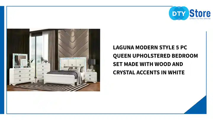 Laguna Modern Style 5 Pc Queen Upholstered Bedroom Set Made with Wood and Crystal Accents in White by@Outfy