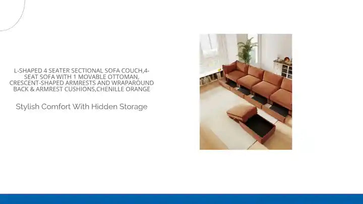 L-Shaped 4 Seater Sectional Sofa Couch,4-seat Sofa with 1 Movable Ottoman, Crescent-shaped Armrests And Wraparound Back &amp; Armrest Cushions,Chenille Orange by@Outfy