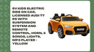 6V Kids Electric Ride On Car, Licensed Audi TT RS with Suspension System and Remote Control, Horn, 5 Songs, Lights, MP3 Player - Yellow by@Outfy