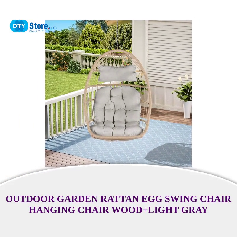 Outdoor Garden Rattan Egg Swing Chair Hanging Chair Wood+Light Gray by@Outfy