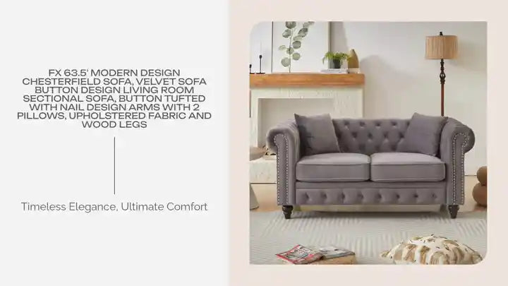 FX 63.5' modern design chesterfield sofa, velvet sofa button design living room sectional sofa, button tufted with nail design arms with 2 pillows, upholstered fabric and wood legs by@Outfy