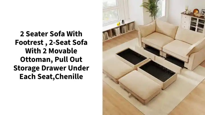 2 Seater Sofa With Footrest , 2-Seat Sofa with 2 Movable Ottoman, Pull out Storage Drawer Under Each Seat,Chenille by@Outfy
