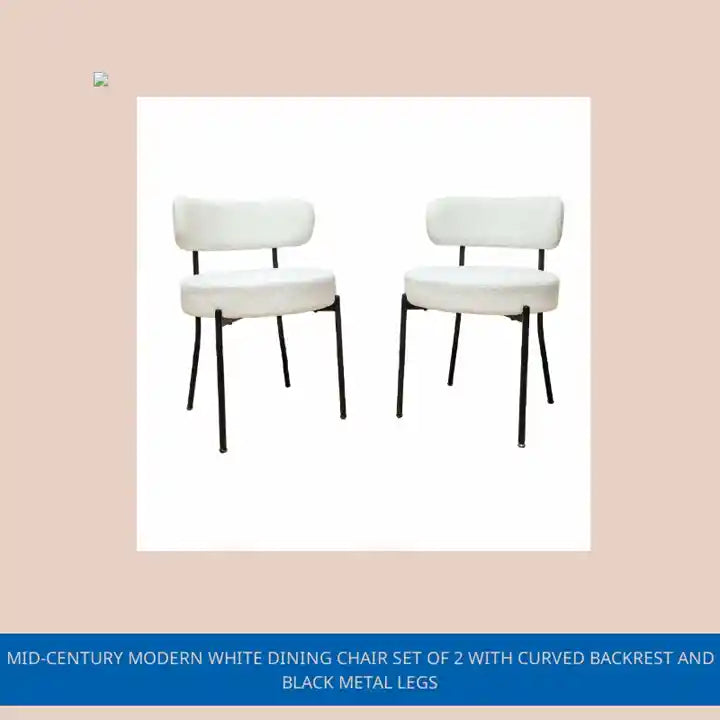Mid-Century Modern White Dining Chair Set of 2 with Curved Backrest and Black Metal Legs by@Outfy