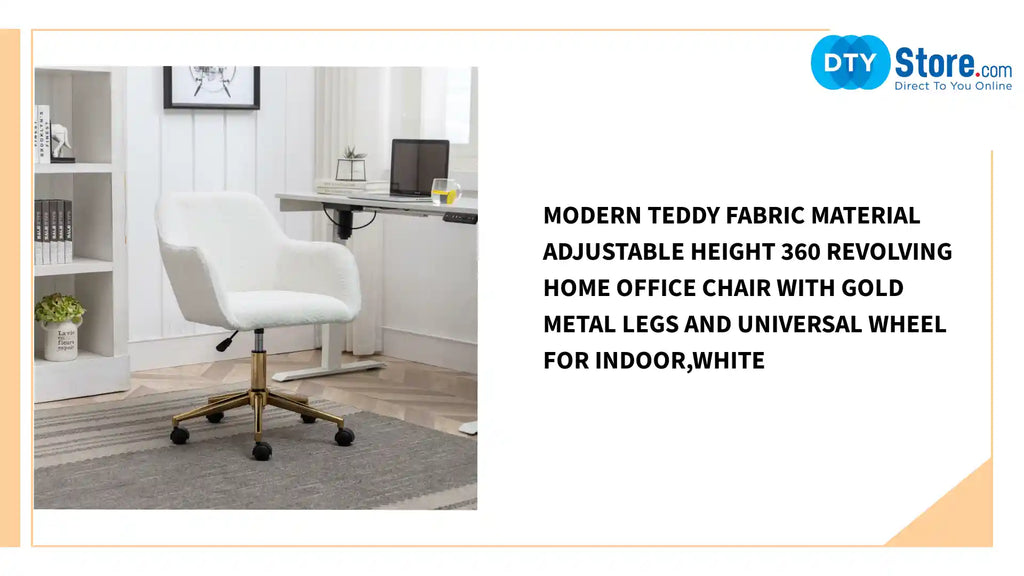 Modern Teddy Fabric Material Adjustable Height 360 Revolving Home Office Chair With Gold Metal Legs And Universal Wheel For Indoor,White by@Outfy