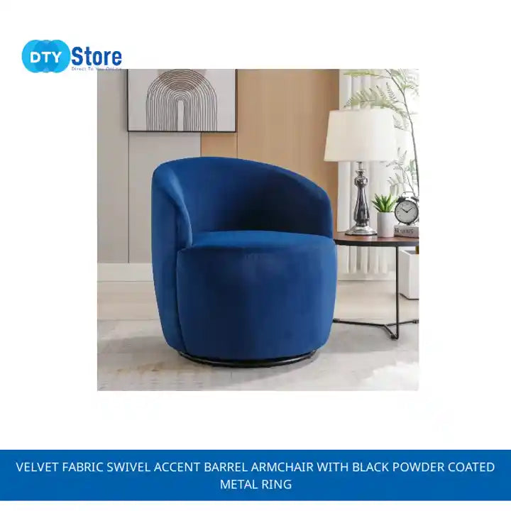 Velvet Fabric Swivel Accent Barrel Armchair with Black Powder Coated Metal Ring by@Outfy