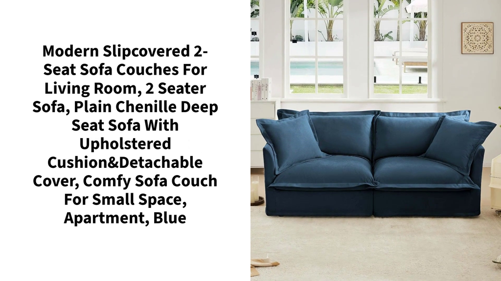 Modern Slipcovered 2-Seat Sofa Couches for Living Room, 2 Seater Sofa, Plain Chenille Deep Seat Sofa with Upholstered Cushion&amp;Detachable Cover, Comfy Sofa Couch for Small Space, Apartment, Blue by@Outfy